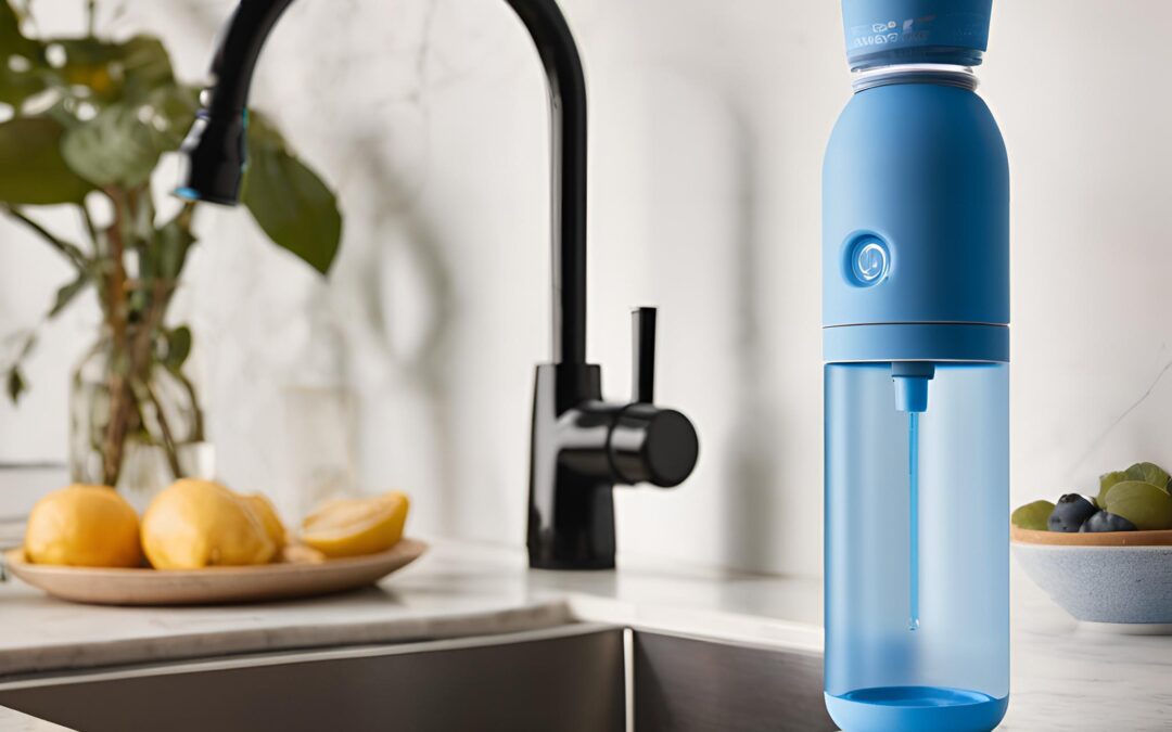 Borraccia Safe Blue con filtro integrato, in plastica senza BPA, su un ripiano di una cucina moderna.