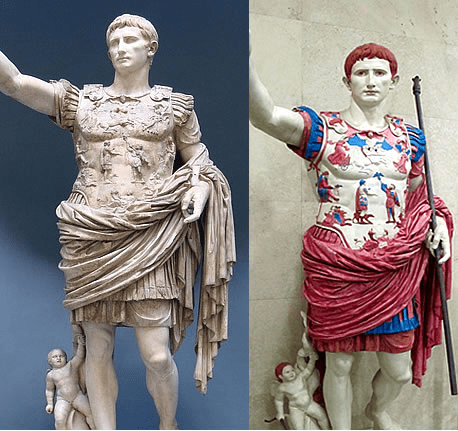 Statua di Augusto in versione neoclassica a sinistra e colorata a destra. A dimostrazione che le statue erano colorate.